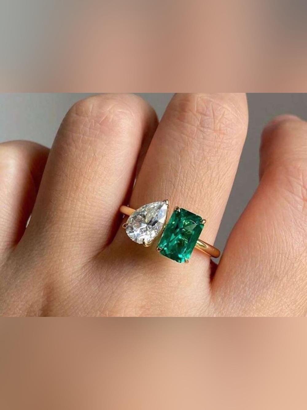 NEW-7 Gold Ring with Emerald Green Cushion and White Teardrop Stones
